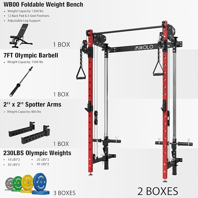Mikolo Folding Squat Rack, Wall Mounted Power Rack with Cable Crossover Machine & LAT Pull Down, Functional Trainer with 5 Adjustable Function Modes, Home Gym Package