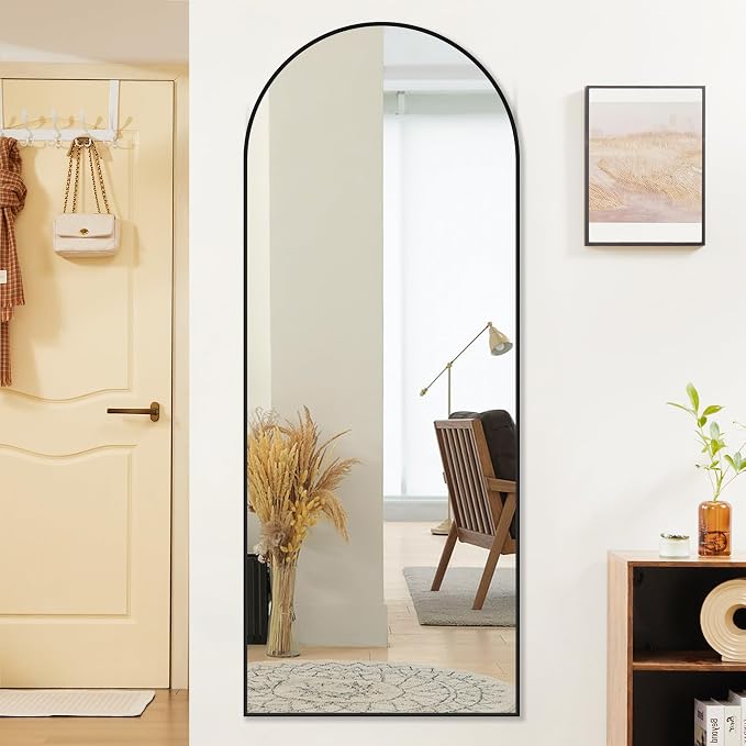 OLIXIS 64"x21.5" Arched Full Length Mirror with Stand, Body Mirror | Shatter-Proof Glass, Hanging or Leaning for Wall, Floor Standing, Bedroom Living Room, Long, Black