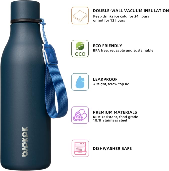 BJPKPK 18oz Insulated Water Bottle, Stainless Steel Bottle with Carry Strap | Keep Cold & Hot Vacuum Insulation, Leak-Proof BPA-Free Design, Slim Bottle Fits Most Cup Holders for Gym, Office & Travel