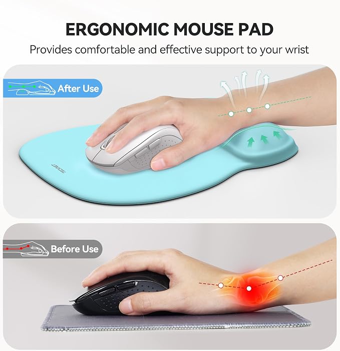 TECKNET Gel Ergonomic Mouse Pad with Wrist Rest, Non-Slip PU Base, LT.Blue | Comfortable Gel Cushion, Pain Relief, Smooth and Waterproof Surface, Mouse Pad with Wrist Rest for Office, Gaming and Study