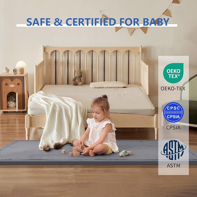 Huloo Sleep 2" Thick Play Mat for Babies Toddlers,Extra Safety Anti-Fall Cushion Mat, Non-Slip Water-Repellent Coral Velvet,28"x72" Bedside Rug for Kids Room (Dark Gray)