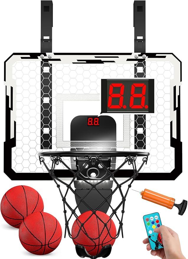 QDRAGON Mini Basketball Hoop with Scoreboard & 7 LED Lighting | Over The Door Indoor, with 3 Balls/Inflator/Breakaway Rim, Basketball Toy Gifts for Kids Adults, Suit for Bedroom/Office