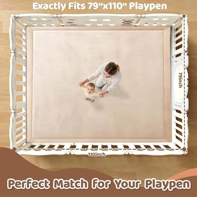 Baby Play Mat for Floor, 110'' x 79'' Thicken Foam Soft Padded Playmat for Tummy Time, Playpen Mat for Toddlers Infant Kids, Water-Repellent Coral Velvet, Non-Slip Bottom Safe for Crawling (Brown)