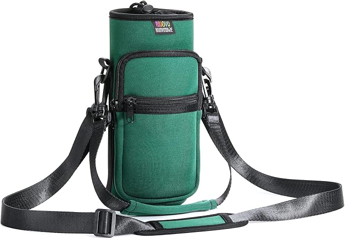 Nuovoware Water Bottle Carrier Bag, 750ml Bottle Pouch Holder, Adjustable Shoulder Hand Strap 2 Pocket Sling Neoprene Sleeve Sports Accessories for Hiking Travelling Camping, Blackish Green