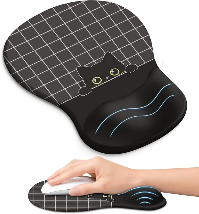 Ergonomic Mouse Pad with Wrist Rest, Gel Wrist Support, Black Cat | 10.2 x 7.6 in Mouse Pad with Smooth Fabric Surface and Non-Slip Rubber Base for Office, Home, Study, and Gaming