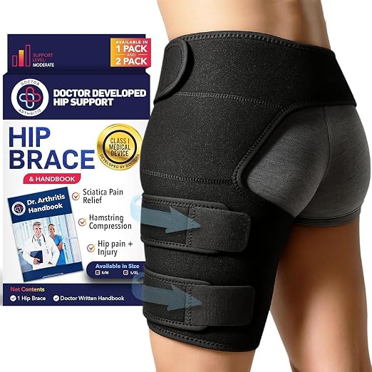 Dr. Arthritis Hip Brace, Adjustable Sciatic Nerve Brace & Stabilizer for Pulled Muscles & Injury Recovery, Hamstring Compression Sleeve Support, Sciatica Pain Relief Devices for Men & Women (LXL, Black)