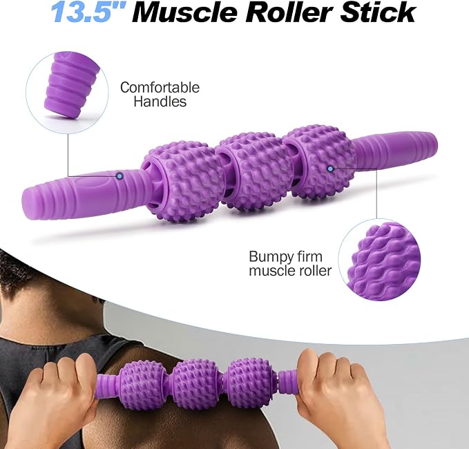 5 in 1 Foam Roller Set High Density Patented Foam Roller for Exercise | Foam Roller Massage Stick, Massage Ball, Resistance Band for Deep Muscle Massage Yoga Trigger Point Release Purple Diamond
