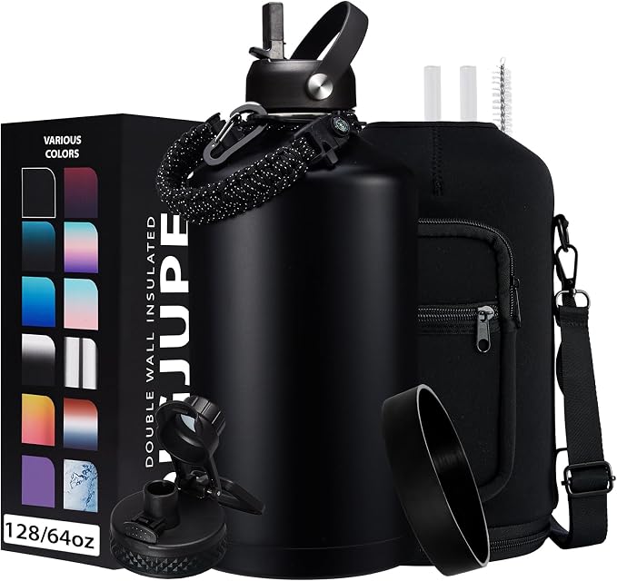 128OZ Insulated Water-Bottles with Strap - 1 Gallon Large Water Jug with Straw & Spout Lid, Stainless Steel Water Bottle Leak Proof, Cold-48h Hot-24h Metal Water Flask w/Paracord Handle, Carrier Bag