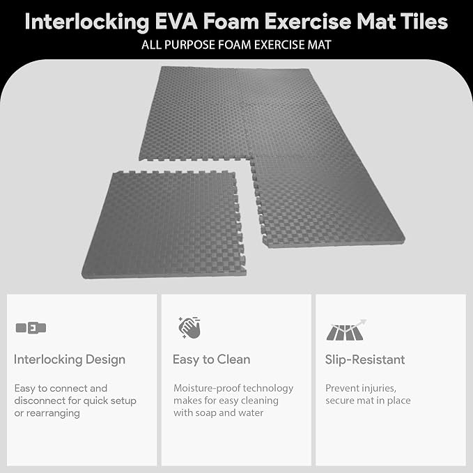 BalanceFrom Puzzle Exercise Mat 1/2" Thick, EVA Interlocking Foam Floor Tiles for Home Gym, Mat for Home Workout Equipment, Floor Padding for Kids, Gray, 24 in x 24 in x 1/2 in, 48 Sq Ft - 12 Tiles | Tiles for Home Gym, Studio, or Playroom Flooring, Gr...