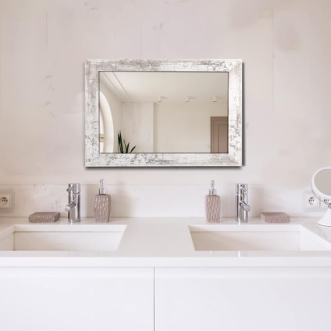 Syndra Rectangular Mirror with Frame Rustic 20x28‘’ Wall Mounted Rustic Vanity Mirror with Large Wood Frame Farmhouse Bathroom Mirror, for Bedroom, Living Room, Entryway Wall Decor(White)