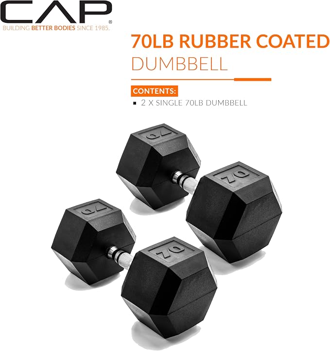 CAP Rubber Coated Dumbbell Weights, Free Weights for Home Gym Strength Training, Anti-Roll Hex Dumbbells with Black, Chrome & Comfort Grip Handles, Pairs & Sets