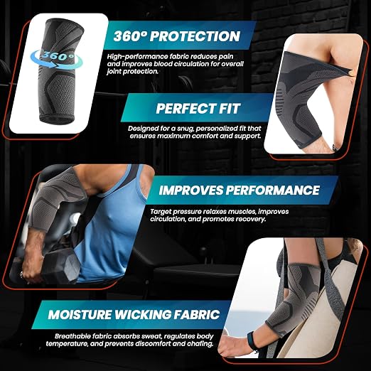 PhysFlex Elbow Brace 2 Pack for Tennis & Golfer's Elbow Pain Relief - Elbow Compression Sleeve for Weightlifting, Workout, Fitness, Arthritis, Bursitis - Tendonitis Elbow Brace for Men & Women
