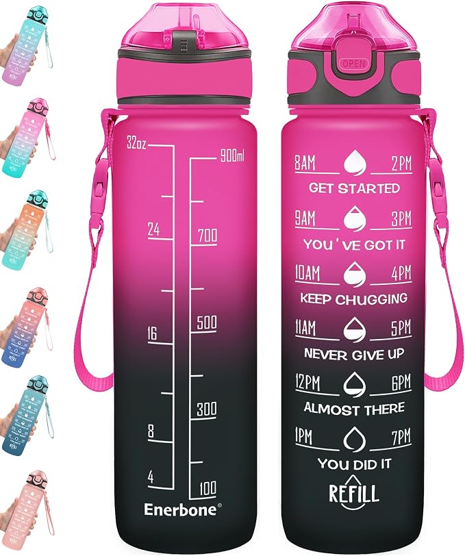 Enerbone 32 oz Drinking Water Bottle with Times to Drink and Straw, Motivational with Carrying Strap, Leakproof BPA & Toxic Free, Ensure You Drink Enough Water for Fitness Gym Outdoor