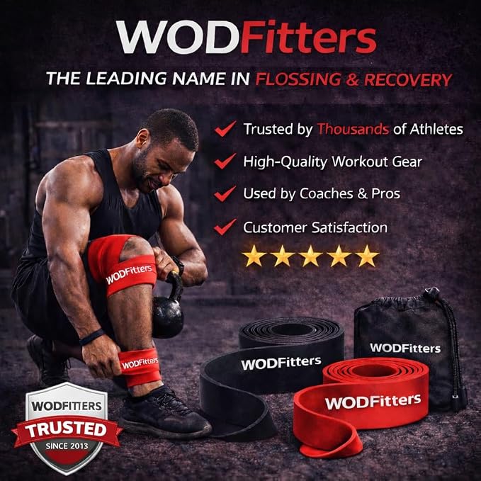 WODFitters Floss Bands for Muscle Compression Tack & Flossing, Mobility & Recovery WODs - Latest Technology - 2 Pack with Carrying Bag