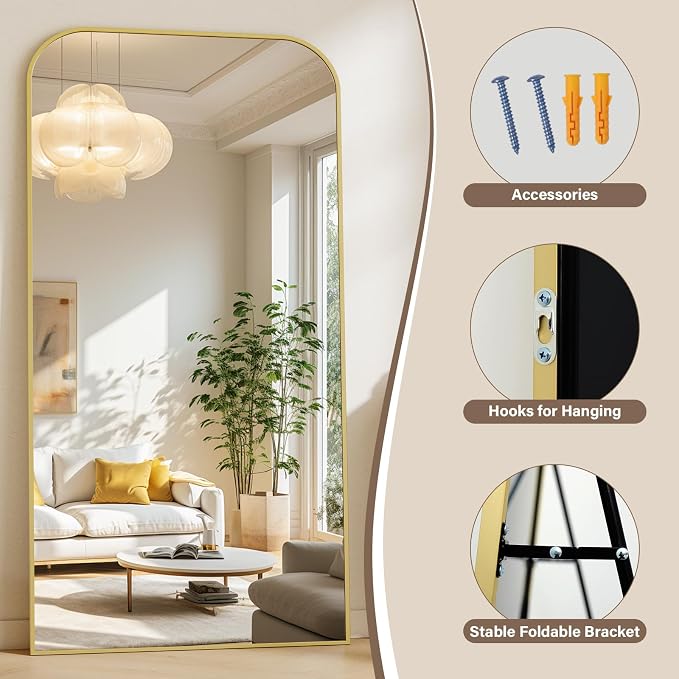 XRAMFY Full Length Mirror - Large Floor Standing & Wall Mountable Full Body Mirror with Sturdy Aluminum Frame, Arched Top Design, Freestanding or Hanging for Bedroom, Living Room, Cloakroom,Gold