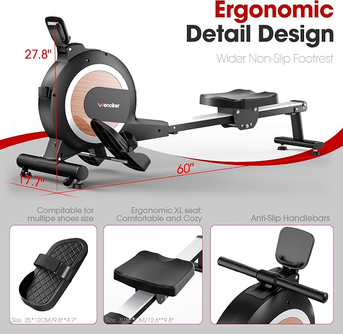 Wenoker Rowing Machine for Home, Magnetic Rower Machine, 350 LB Weight Capacity, 16-Level Silent Resistance Row Machine for Gym Exercise