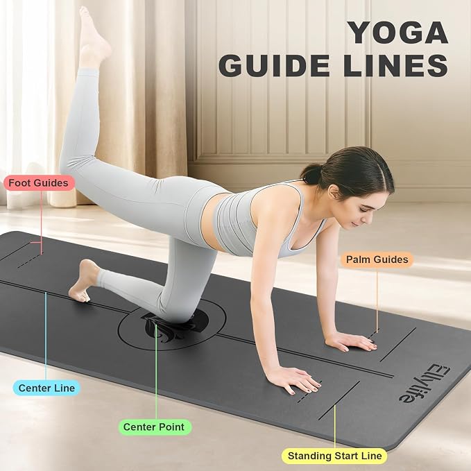 Yoga Mat - Non Slip Natural Rubber Yoga Mat, Alignment Lines, Ultimate Grip | Anti-Tear, Durable & Thick 5mm, Skin-Friendly with Free Carry Strap, Bag, for Yoga, Pilates Fitness and Floor Exercises