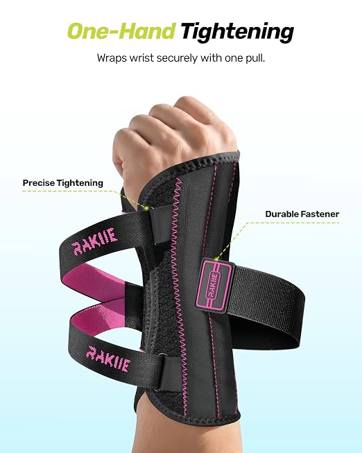 Rakiie Upgraded Carpal Tunnel Wrist Brace, Night Sleeping Support for Arthritis, Sprain & Tendonitis Pain Relief, Flexible 3-Bar Support, Breathable Hand Splint for Typing, Work & Housework, Fit for Men & Women (Pink, Medium, Right Hand)
