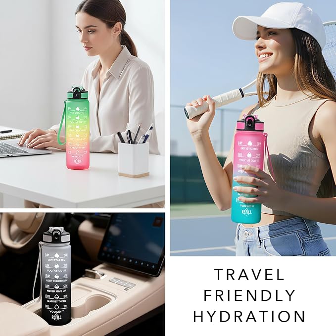 Hyeta Water Bottle with Straw & Time Marker, Plastic 32oz Leakproof | Motivational Tritan BPA Free Gym Office Outdoor Intake Tracker Hourly Reminder Straw Lid Carry Strap