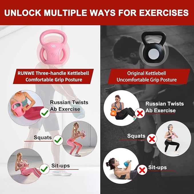 RUNWE 3 Handle Kettlebells Weight - Weight for Women Options 5, 10, 15 and 20 LB for Russian Twists AB Exercise, Weightlifting and Core Fitness Exercise Home Gym [Single in Sold]
