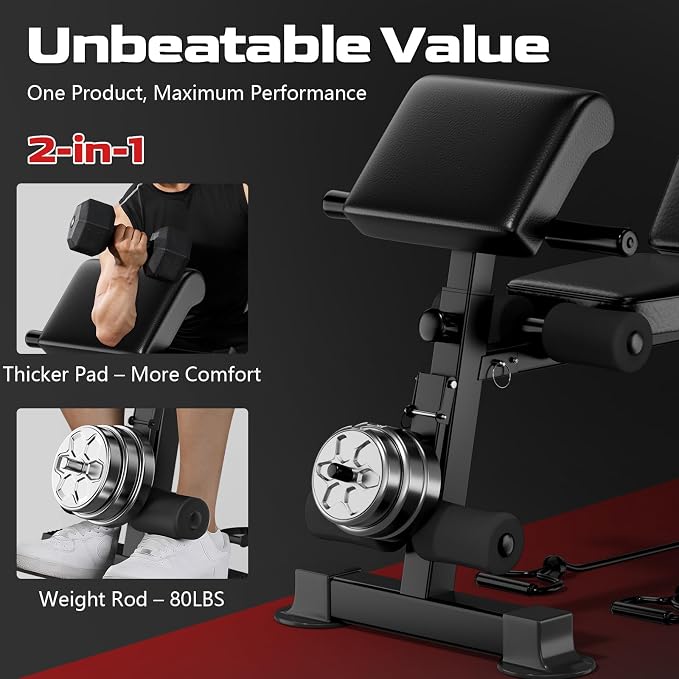 3-in-1 Adjustable Weight Bench with Leg Extension & Preacher Curl, Heavy-Duty 700LB Foldable Utility Bench for Full Body Workout, No-Installation Portable Incline/Decline/Flat Strength Training Bench for Home Gym