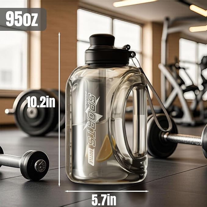Doseno Big Water Bottle, 95 oz / 2.8 L Water Jug with Straw, 2 Pack, Black | Each plastic bottle has a measuring scale, leakproof lid, carry handle and shoulder strap for gym use and outdoor sports