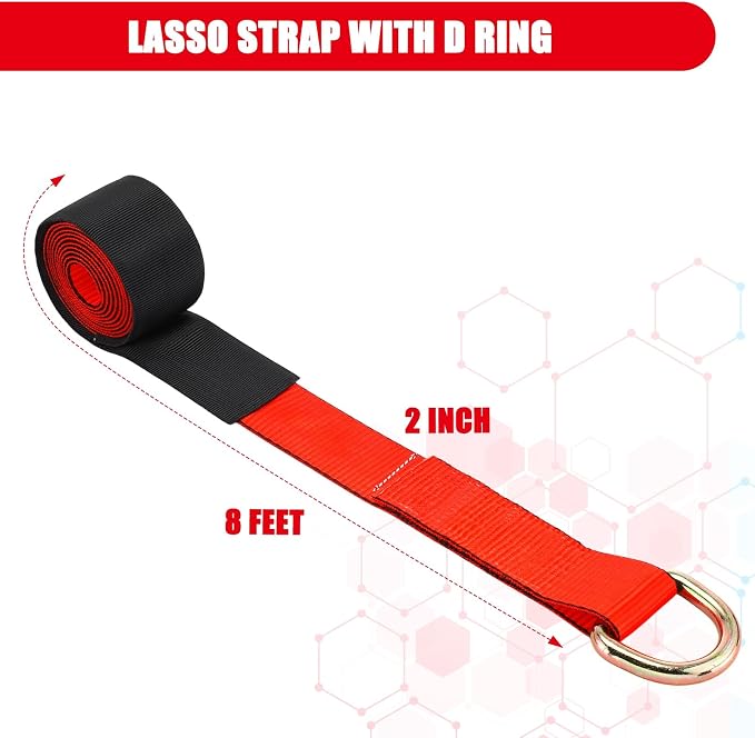 8 Pack 2" x 8ft Lasso Tow Truck Straps with D Ring 11, 000 Lbs Break Strength D Ring Auto Tie Down Wheel Lift Trailer Strap for Hauling Utv SUV Wrecker Rollback