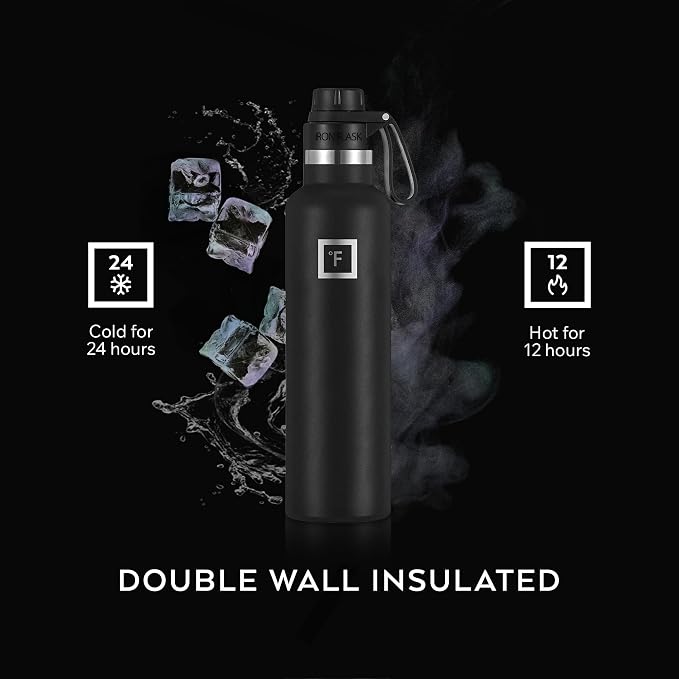 IRON °FLASK 24 oz Narrow Mouth Water Bottle with Spout | Insulated Stainless Steel Sports Water Bottle with Leakproof Spout Lid - BPA Free, Cold 24 Hrs, Sweat Free (Black Marquina)