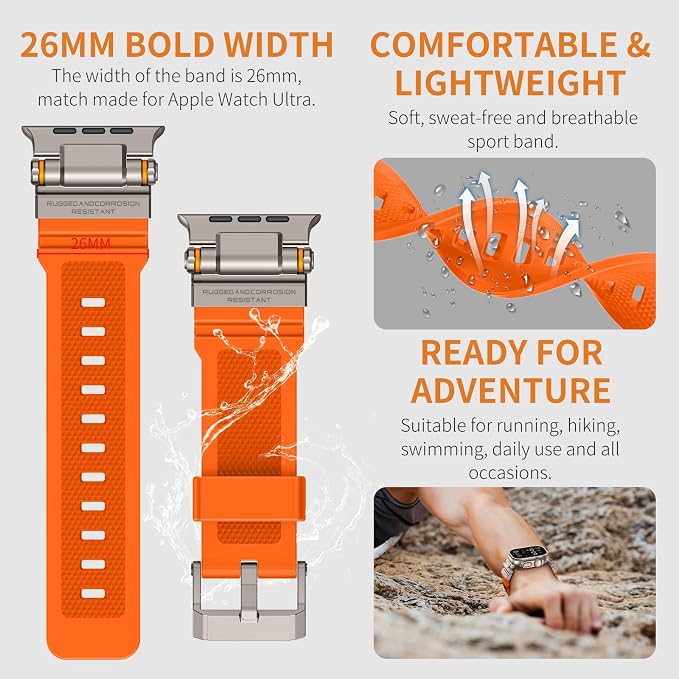 Band Compatible with Apple Watch Ultra 3/2/1 Band 49/46/45/44mm | Metal Connector with Silicone Rugged Strap for iWatch Ultra Series 11/10/9/8/7/6/SE3/SE2/SE/5/4/3/2/1, Orange/Titanium