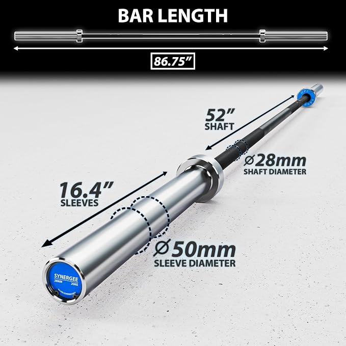 Synergee Open 15kg and 20kg Black Phosphate and Chrome Olympic Barbell. Rated 1000lbs for Weightlifting and Powerlifting.