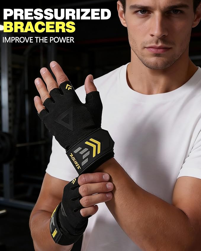 2-in-1 Workout Gloves, Weight Lifting Gloves with Wrist Wrap Support for Men & Women, Ventilated Fingerless Padded Gym Glove for Weightlifting Pull-Ups & Fitness Training