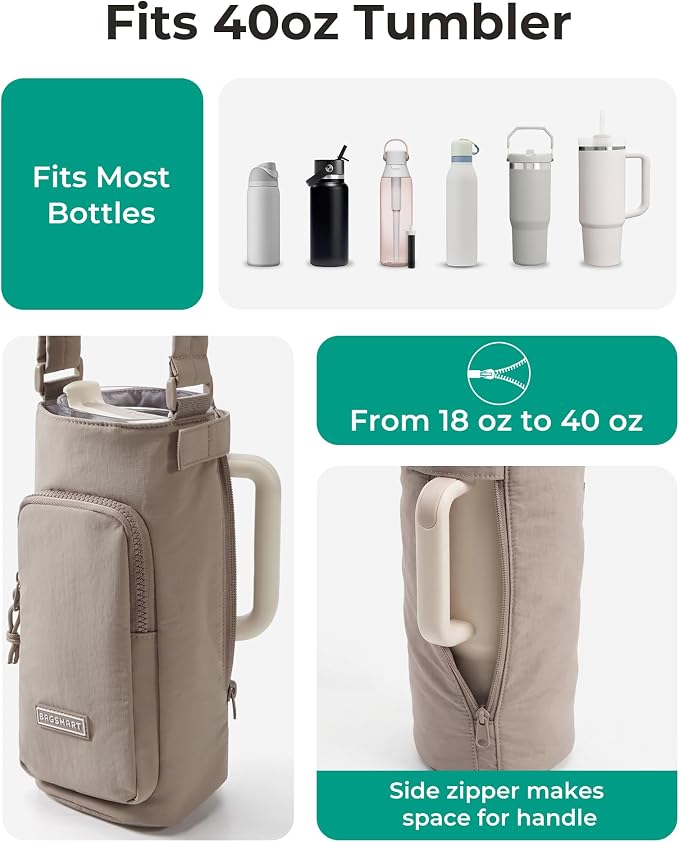 BAGSMART 40oz Water Bottle Holder with Strap, Quilted Gym Accessories | Magnetic or Classic Design, Lightweiht Tumbler Drink Carrier, Quilted Crossbody Purse