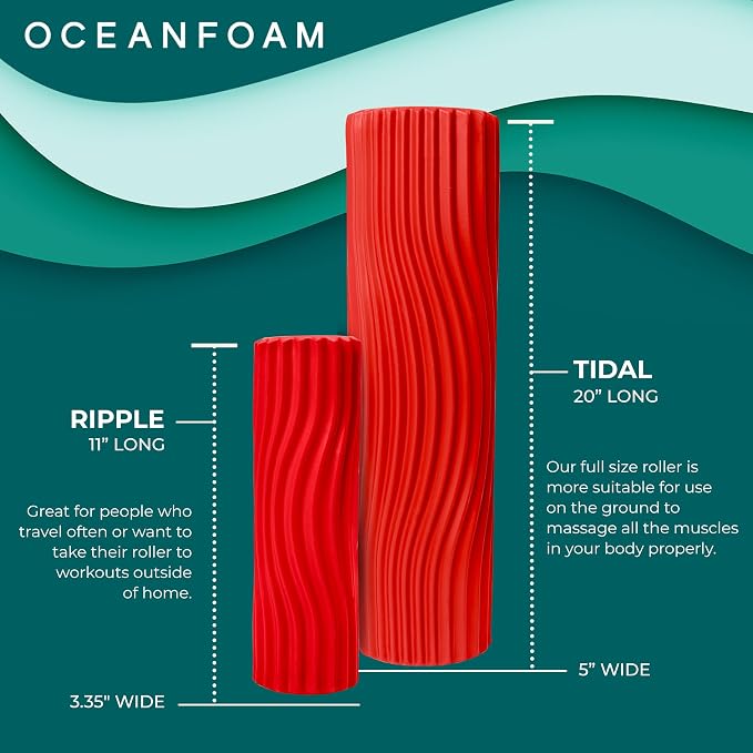 Oceanfoam Tidal Roller - Red - Muscle Massage Foam Roller for Back Pain & Stretching - Firm and Ergonomic Wide Wave Textured - Yoga, Athletics, & Wellness - Full Size, 20" x 5"