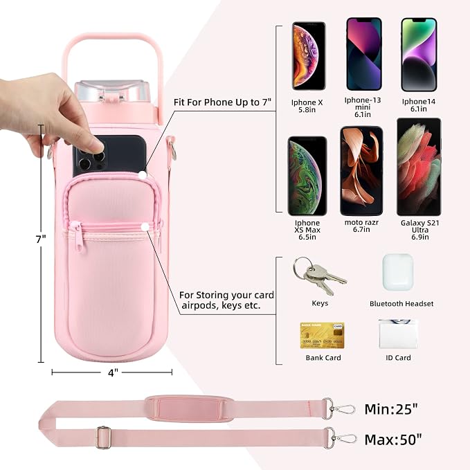 chunmo Half Gallon 64oz Glass Water Bottle with Straw and Storage Sleeve Motivational Water Bottle with Strap and Time to Drink 2L Leakproof Reusable Water Jug for Fitness Gym and Outdoors