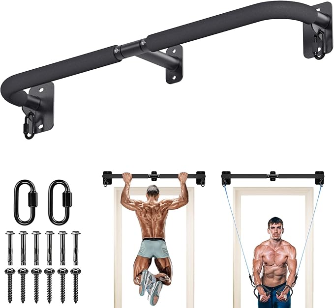 SELEWARE 32"/36" Wall Mount Pull Up Bar Joist Mount Chin Up Bar for Doorway | Heavy Duty Steel Construction Support 450 lb, w/Resistance Band Hooks, Fits 32"/36" Wall Studs for Home Gym Strength Training