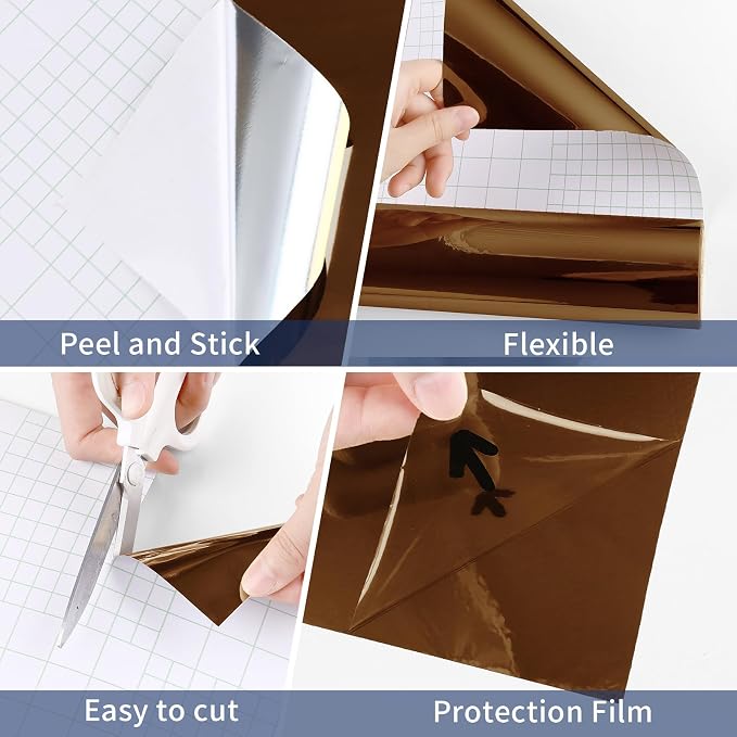 WESTICK Glossy Brown Mirror Stickers Self Adhesive Flexible Mirror Film Peel and Stick Mirrors Contact Paper Tawny Metallic Permanent Vinyl Wrap for Cabinets Appliances Shelf Liner DIY Decor 15.8"X80"