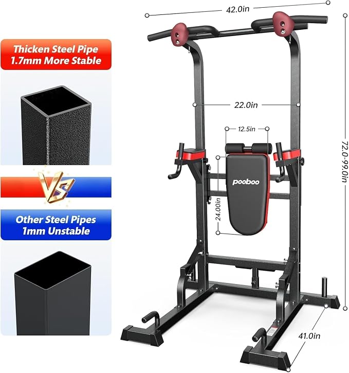 Pull Up Bar Power Tower Dip Station, 450LB Adjustable Home Gym Equipment | 11-height adjustment supports pull ups, dips, knee raises, push ups and versatile full-body strength training