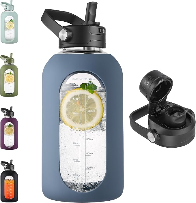 CIVAGO 64 oz Glass Water Bottle Jug with Detachable Straw and Time Maker | Half Gallon Motivational Large Flask Cup with Handle, Leakproof Lids, Wide Mouth, Silicone Sleeve, Juice Tumbler, Smog Blue