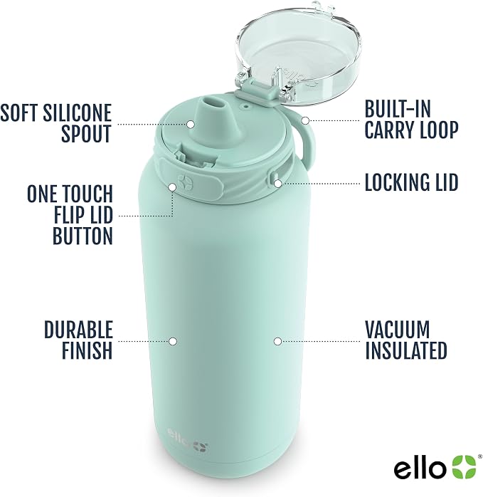 Ello Cooper 40oz Stainless Steel Water Bottle with Straw and Carry Handle, Double Walled and Vacuum Insulated Metal, Leak Proof Locking Lid with Soft Silicone Spout, Reusable, BPA Free, Yucca