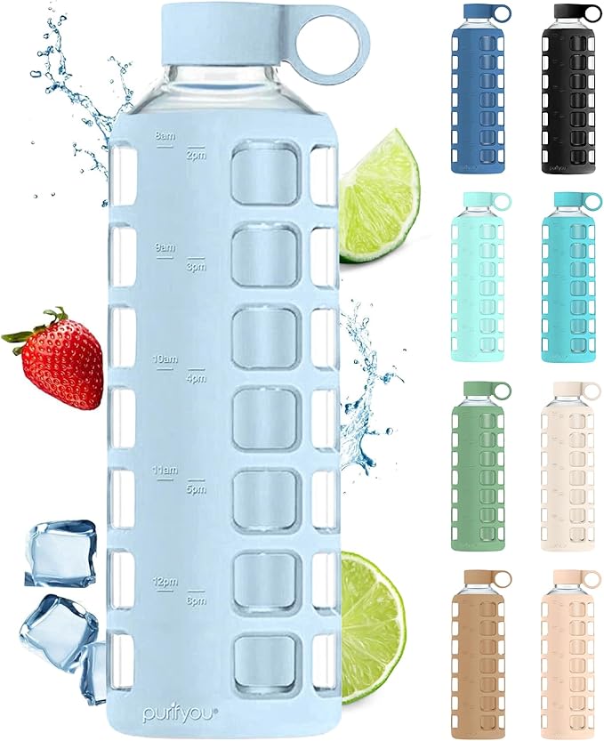 purifyou 40oz / 32oz / 22oz / 12oz Borosilicate Glass Water Bottle with Time & Volume Markers, Silicone Sleeve, Stainless Steel Lid | Reusable Glass Bottle for Water & Juice (40oz Ice Blue)