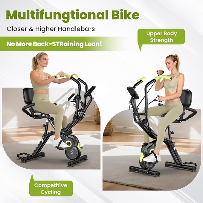 Foldable Exercise Bike, 8-Level Magnetic Stationary Bike for Home Gym | Quiet Indoor Workout Bike with Arm Resistance Bands, LCD Monitor, and 300 LBS Capacity for Full-Body Cardio Training