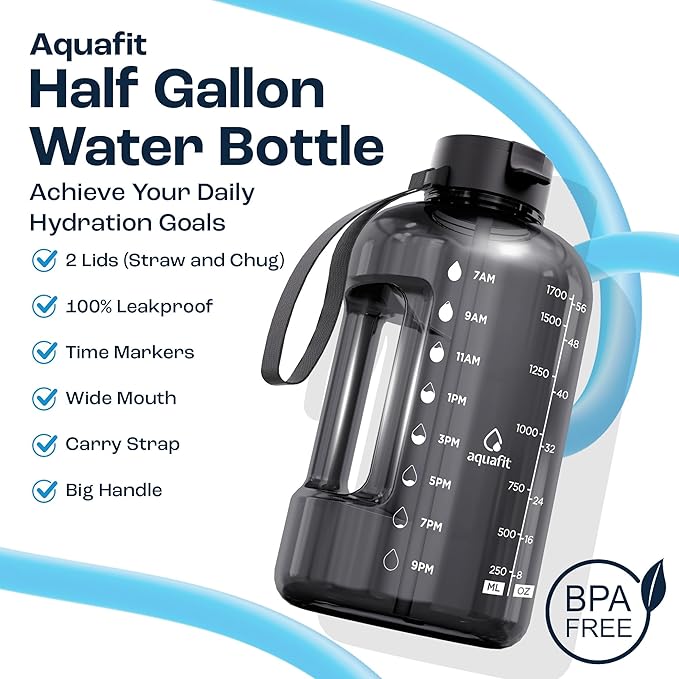 AQUAFIT Half Gallon Water Bottle with Time Marker | BPA Free Half Gallon Water Bottle with Straw and Chug Lids - Leakproof Gym Water Bottle with Carry Handle (Nebula)