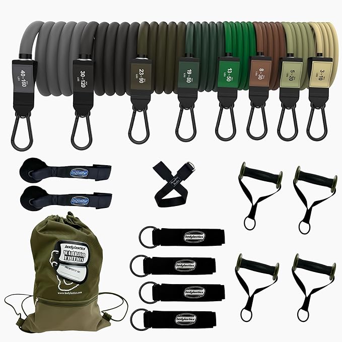 Bodylastics Patented Basic Series Resistance Band Set - Resistance Bands with Snap Reduction Tech, 2 Handles, 2 Ankle Straps, 1 Door Anchor & 1 Carry Bag