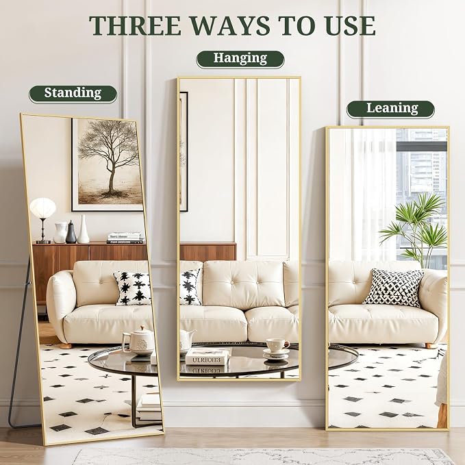 Mirror Full Length 65"x24", Rectangle Full Body Floor Mirrors with Stand | Shatterproof Glass, Aluminum Alloy Frame, Free Standing, Wall Mounted or Leaning for Bedroom Living Room Entryway
