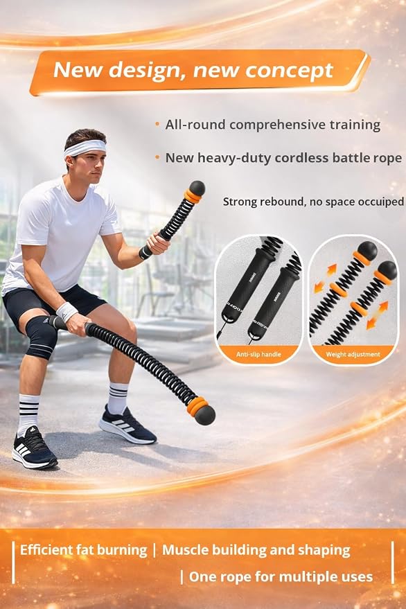 Cordless Battle Ropes with Adjustable Weight - Weighted Ropeless Battle Rope for Home Gym, Heavy Duty Portable Exercise Ropes for HIIT & Cardio Training, Black