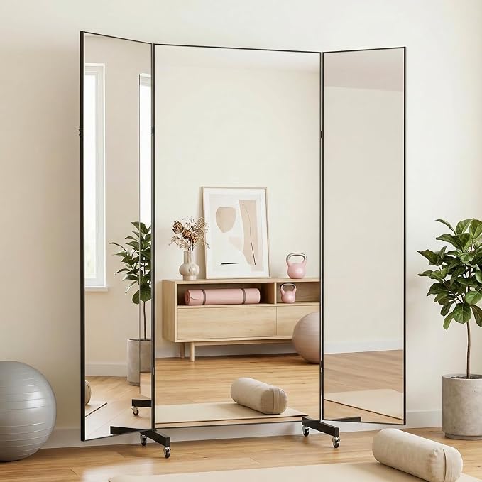 Full Length Mirror with 360° Wheels, 47" x 63" Foldable Floor Mirror with Nano-Tech Shatterproof Film - Ultra-Large Mobile Mirror for Home Gym, Dance Studio & Commercial Spaces (Black)