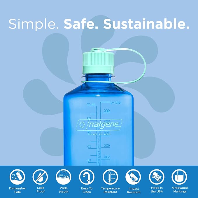 Nalgene Water Bottle - Lightweight Sustain Tritan BPA-Free Shatterproof Bottle for Backpacking, Hiking, Gym, 32 OZ, Narrow Mouth, Cornflower Blue (Pack of 6)