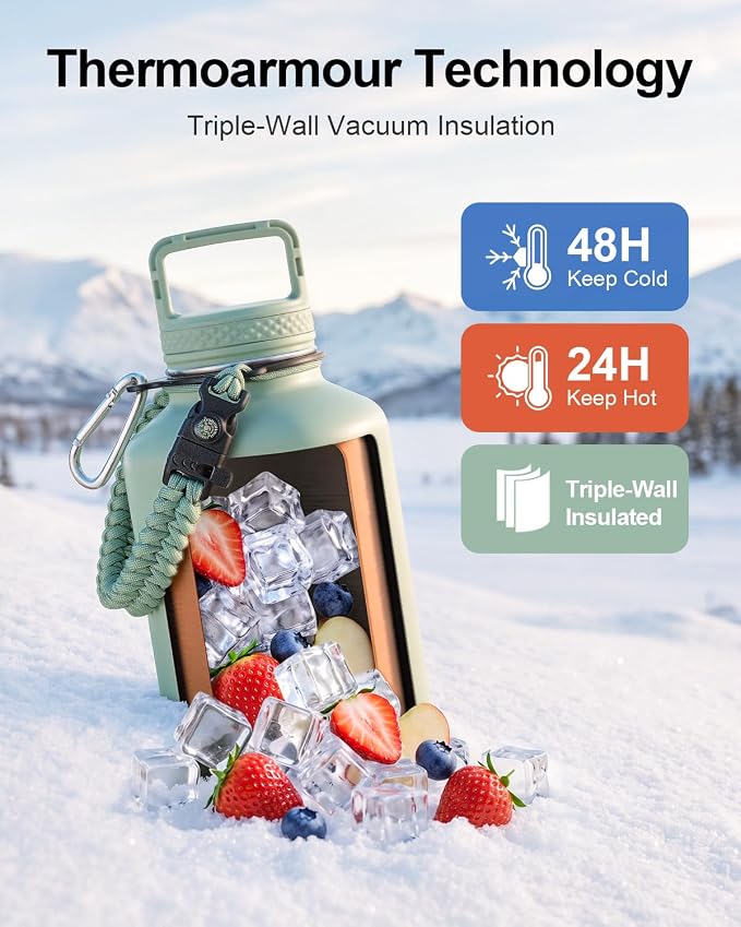 Trebo 64 oz Water Bottle Stainless Steel with 3 Lids, Paracord Handle & Bag | Half Gallon Large Insulated Jug, Triple Wall Vacuum Copper Plated, Dishwasher Safe, Cold 48Hrs for Outdoor, Hiking, Gym