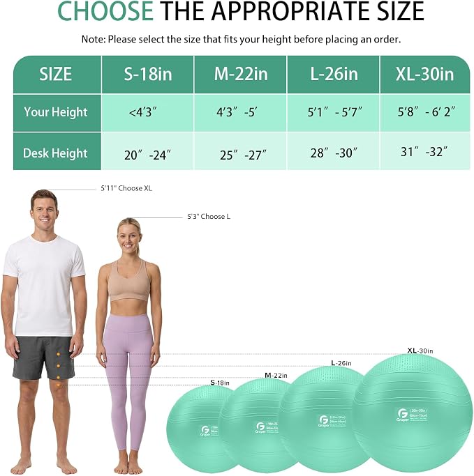 Gruper Yoga Ball, Extra Thick Non Slip Exercise Ball for Workout, Yoga, Pregnancy, 4 Sizes Anti Burst Chair for Home and Office, Includes Foot Pump & Fitness Guide