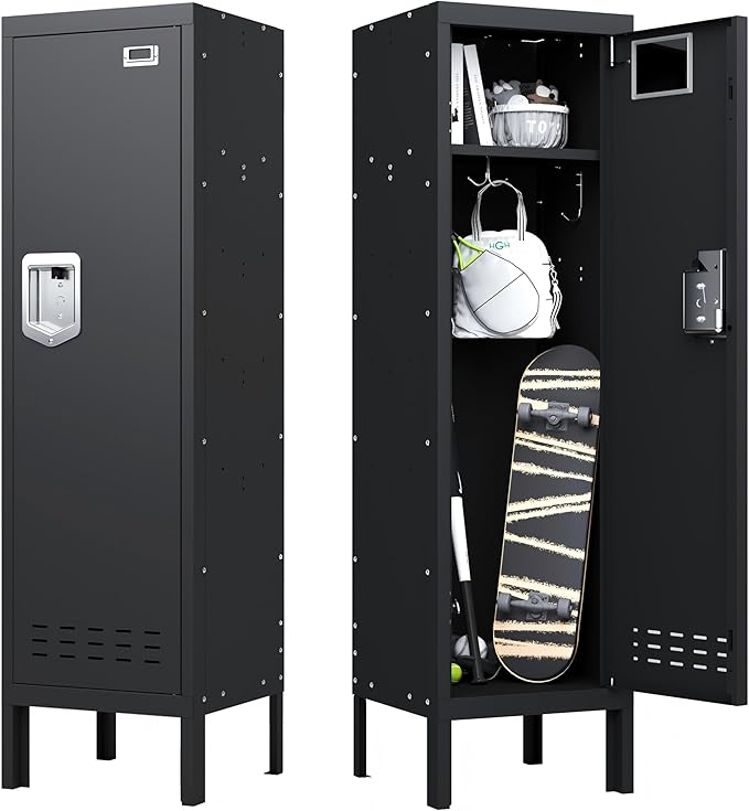 BUTISOW Metal Storage Locker with Lock & Card Slot Locker - Secure Lockable Door - Steel Locker for School, Office, Gym, Home - 54" H x 15" W x 15" D（1 Door, Black）